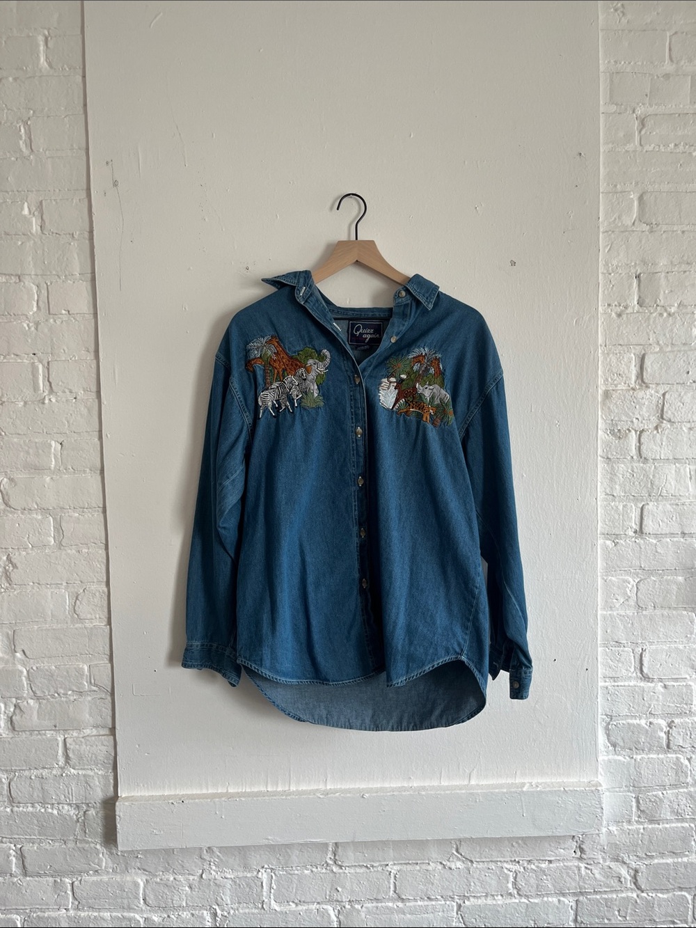 Vintage Quacker Factory Denim Shirt with African Savanah Embroidery - Blue